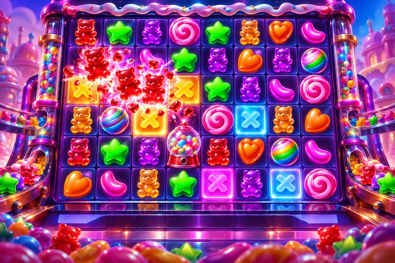 Sugar Rush gameplay met gummybeertjes, multipliervelden en scatter