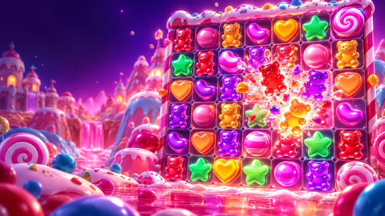 Sugar Rush 7x7-kandyraster met clusters en vallende symbolen