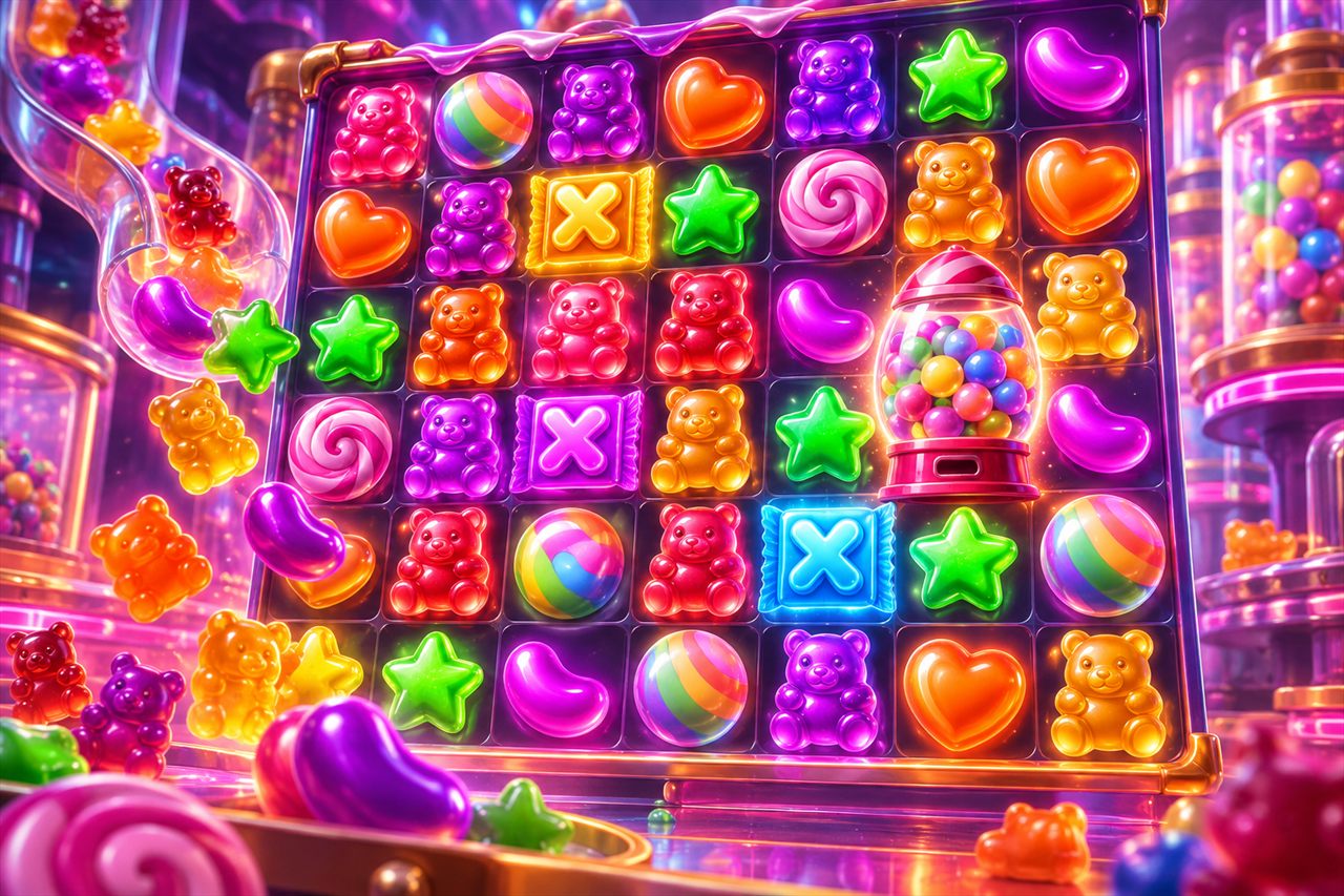 Sugar Rush snoepsymbolen, scatter en multiplier spots